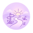 Paars pictogram van een pad naar de zonsopgang als symbool voor nieuwe keuzes en persoonlijke groei