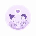 Illustratie van twee mensen in gesprek met een hart als symbool voor empathie, begrip en verbinding.