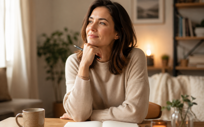 Vrouw die reflecteert met een open notitieboek als symbool voor zelfbewustzijn en emotionele intelligentie.