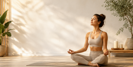 Vrouw zit in meditatiehouding