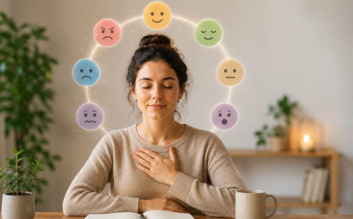 Vrouw die bewust stilstaat bij haar emoties, als symbool voor zelfbewustzijn en emotionele intelligentie.