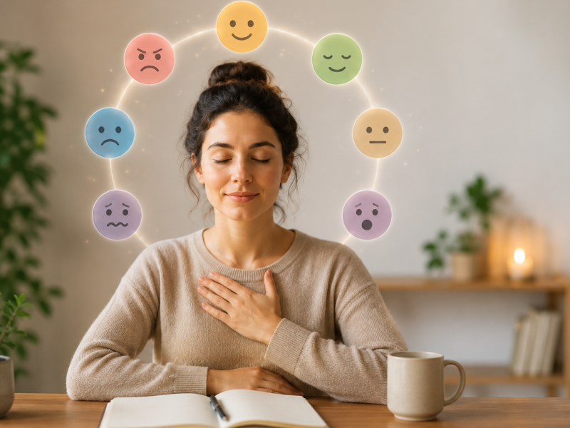 Vrouw die bewust stilstaat bij haar emoties, als symbool voor zelfbewustzijn en emotionele intelligentie.