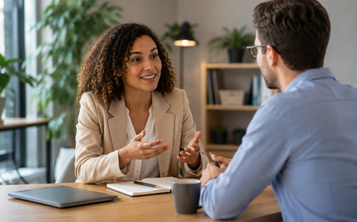 Twee collega's voeren een open en respectvol feedbackgesprek