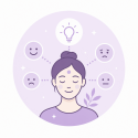 Illustratie van een vrouw met verschillende emoties rondom haar hoofd, symbool voor emotionele intelligentie en zelfinzicht.