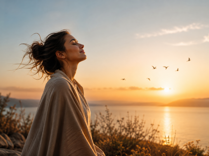 Vrouw in rust bij zonsondergang aan het water, passend bij de cursus Leren loslaten