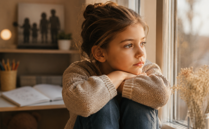 Kind staart door het raam en overpeinst