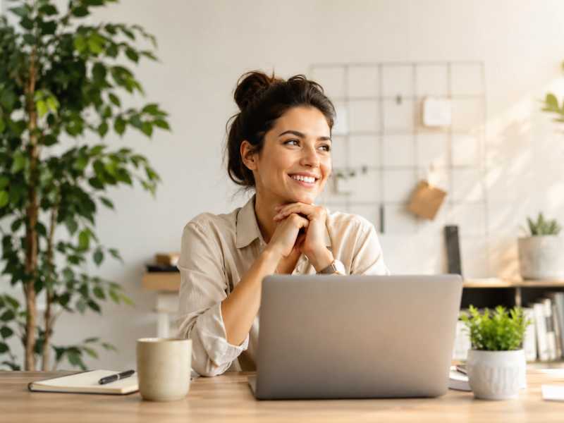 Vrouw zit achter laptop oefening werkgeluk toe te passen