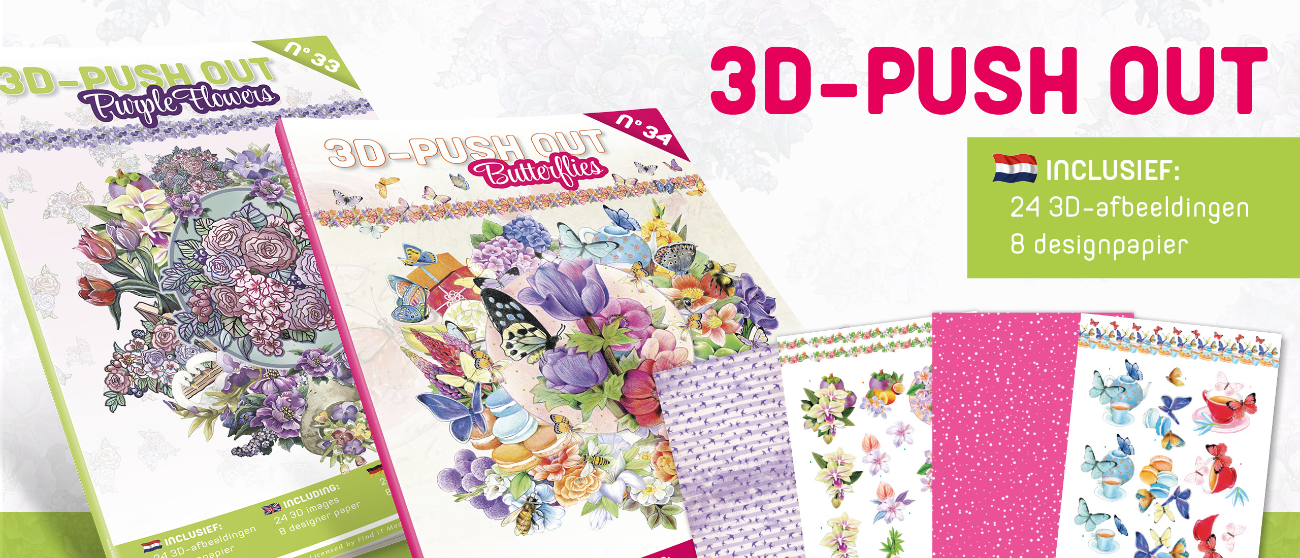 3D Push Out book 33 - Purple Flowers en Butterflies (3DPO10033-3DPO10034)