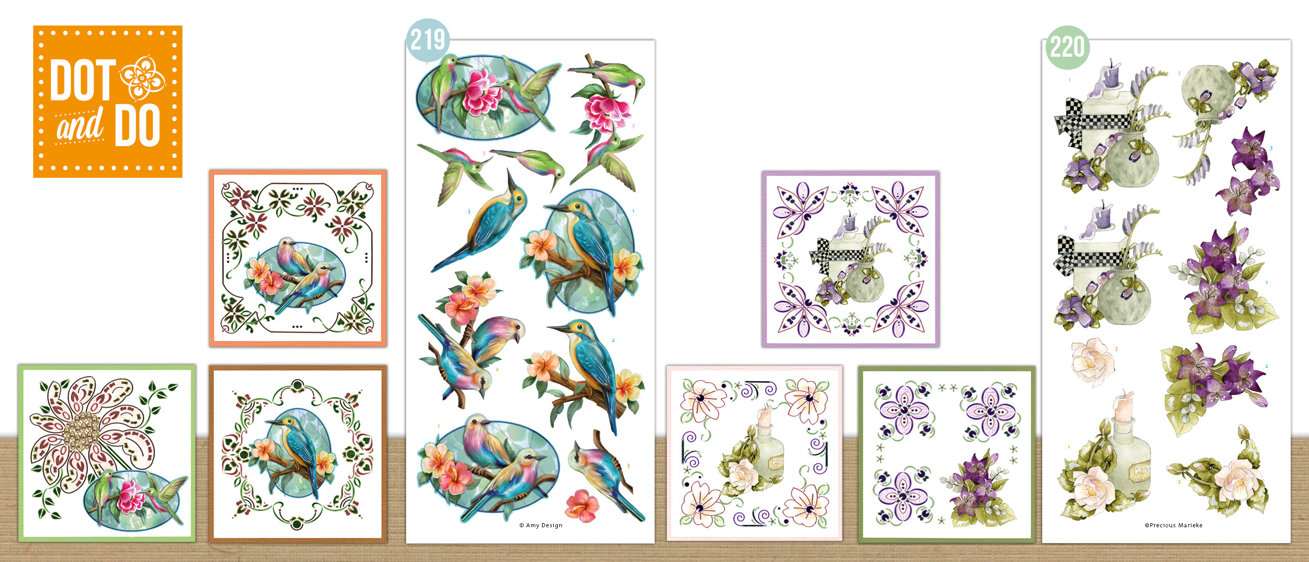 Dot and Do  219 en 220 Amy Design - Colourful Feathers  en Precious Marieke - Lily