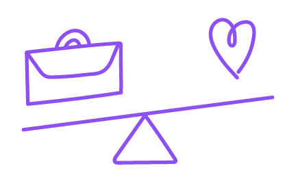 Een weegschaal met links een koffer wat staat voor werk en rechts een hartje wat staat voor privé