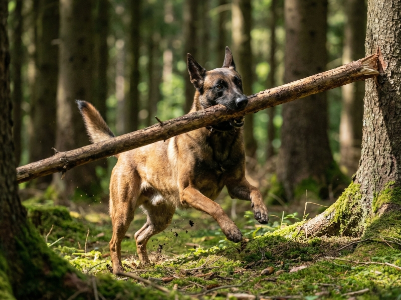 Dog running with a large stick in its mouth
