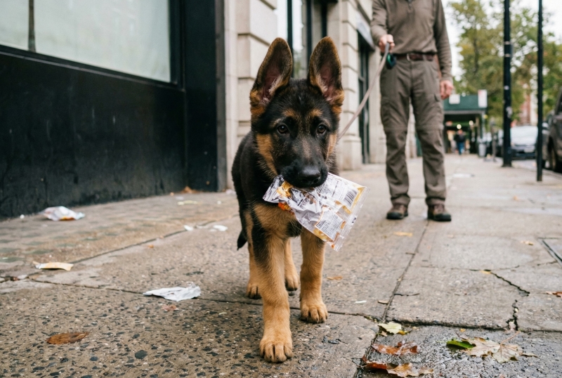 Puppy picking up trash from the street