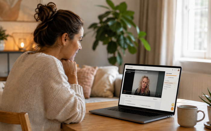 Vrouw volgt thuis op haar laptop de online cursus Zelfliefde van psycholoog Cindy Haveman van Hoofdregisseur