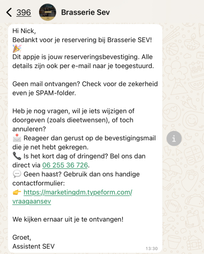Whatsapp reserveer bevestiging voor restaurants - HorecaDM