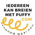 rond logo in wit, zwart en oranje van website Iedereen kan breien met Puffy zonder naalden