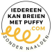 rond logo in wit, zwart en oranje van website Iedereen kan breien met Puffy zonder naalden