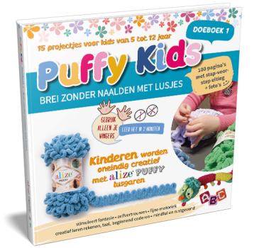 Cover in 3D: Puffy Kids Doeboek 1 - breien zonder naalden met Puffy lusgaren