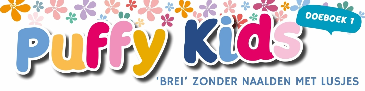 Vrolijk Puffy Kids Doeboek logo brei zonder naalden vrolijke letters en bloemetjes
