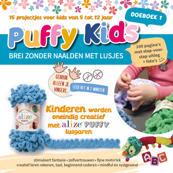 Gezellige kleurige cover van het eerste Puffy Kids Doeboek 1 - breien zonder naalden met Puffy lusgaren