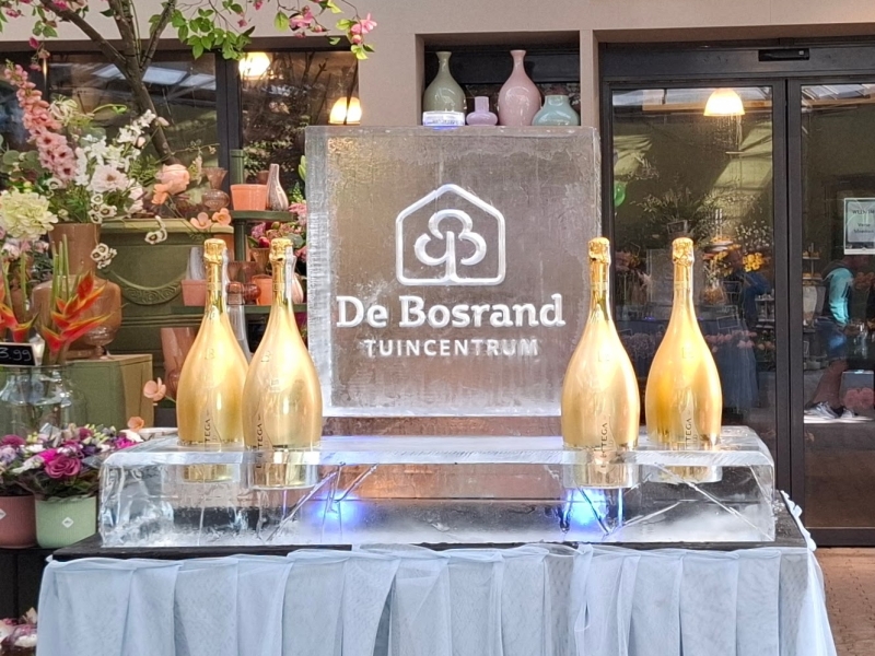 champagnekoeler van ijs met logo