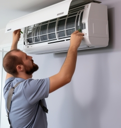 Een ervaren monteur van Indoor Comfort installeert een wandmodel airco in een woning in Zuid-Holland. De airconditioning zorgt voor comfortabel en energiezuinig klimaat in huis.