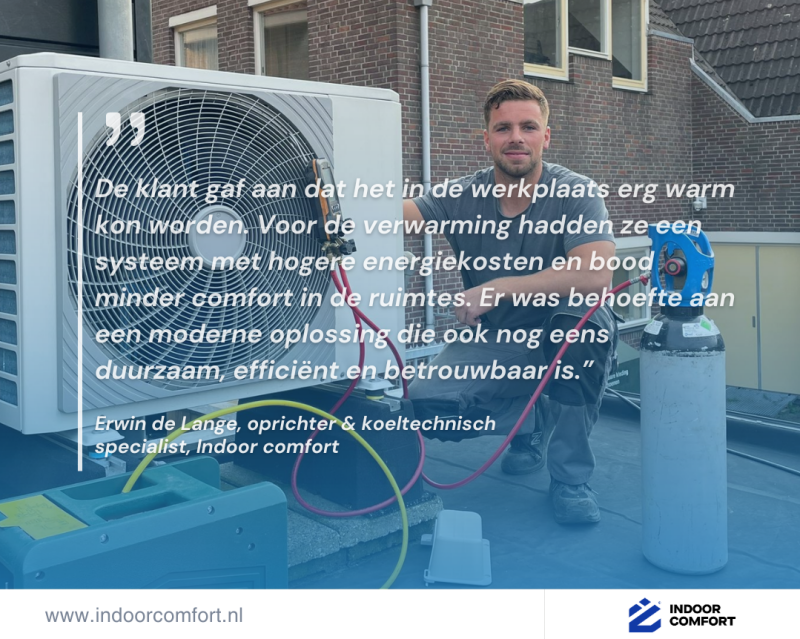Erwin de Lange, oprichter en koeltechnisch specialist van Indoor Comfort, installeert een Mitsubishi Heavy Industries buitenunit op het dak tijdens het project bij Scheepswerf Ambacht.
