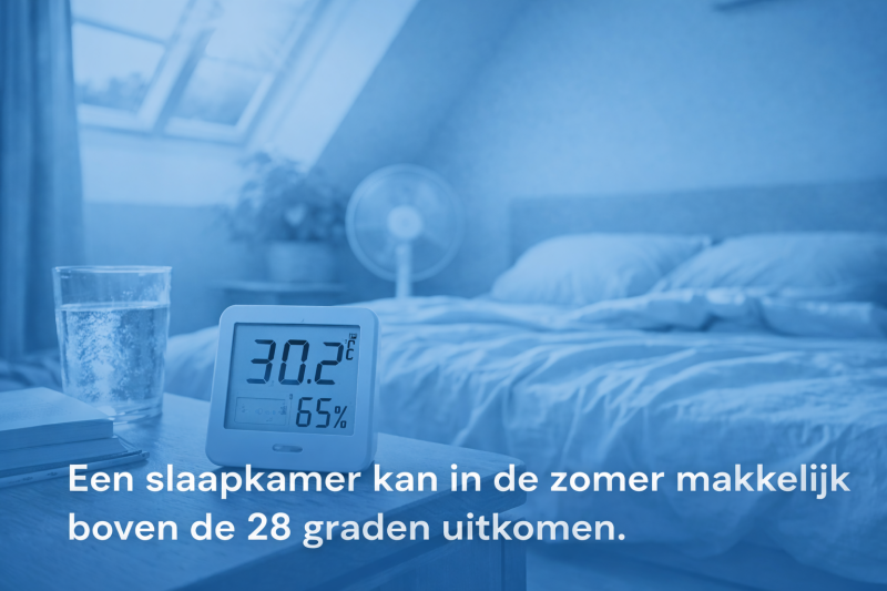 Warme slaapkamer van 30 graden in de zomer – wat kost airco plaatsen? Warme slaapkamer in de zomer met thermometer op 30 graden, situatie waarin airco plaatsen nodig is voor verkoeling
