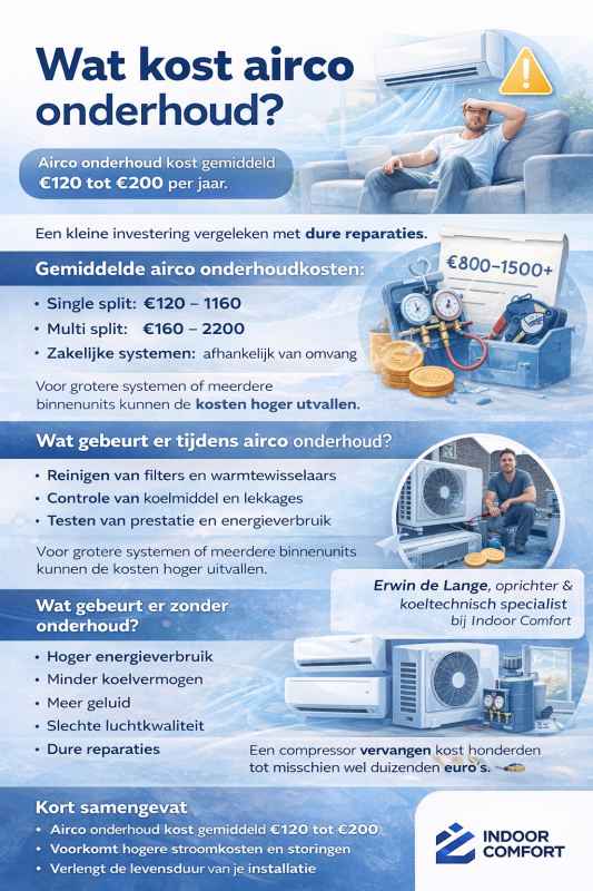 Infographic met overzicht van airco onderhoudskosten tussen €120 en €200 per jaar en uitleg wat er tijdens een onderhoudsbeurt wordt gecontroleerd