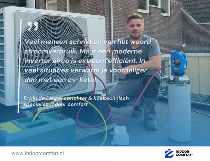 Erwin de Lange bij airco installatie met uitleg over stroomverbruik en kosten van een moderne inverter airco