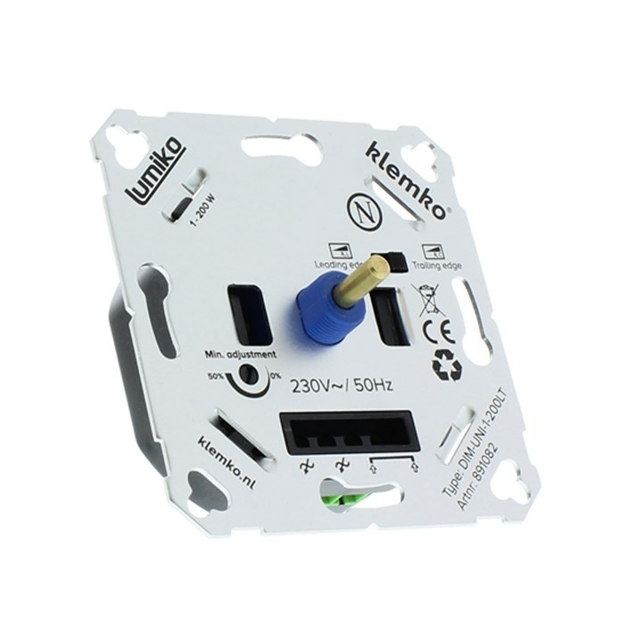 Klemko universele LED dimmer Klemko universele LED dimmer inbouw 891082 DIM-PAF-1-200 W fase aan en afsnijding instelbaar