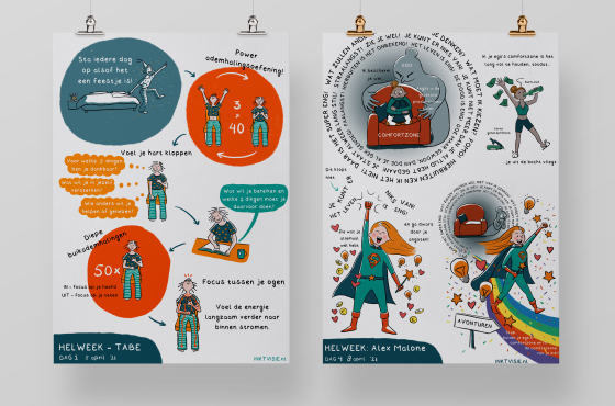 Twee posters met visuele notulen van workshops gegeven tijdens de helweek