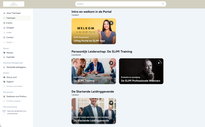 Groeipad van vijf online leiderschapstrainingen van Innerspective: SLiM! Training, De Startende Leidinggevende, Amplitief Leiderschap, Talentgericht Leiderschap en Strategisch Leiderschap, van jezelf naar je team naar je organisatie