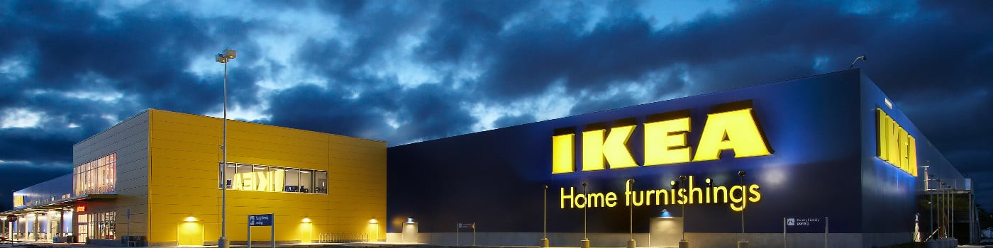 Exterior view of an IKEA store showcasing its iconic blue and yellow design