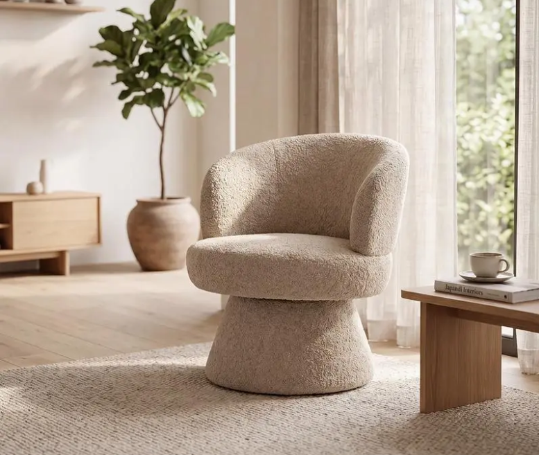 Action draaifauteuil in taupe bouclé in Japandi interieur Action draaifauteuil in taupe bouclé in Japandi interieur