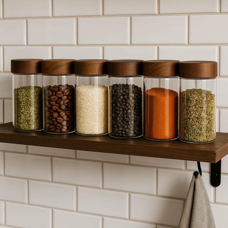 6-delige glazen kruiden- en opbergpotten met houten draaideksel kruidenpotjes