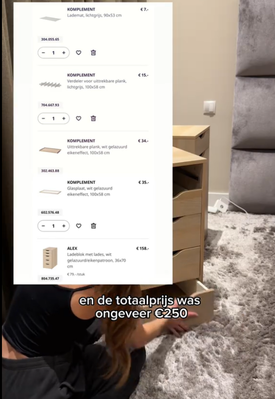 Benodigdheden voor IKEA ALEX vanity hack met ALEX ladeblokken, KOMPLEMENT uittrekbare plank en glasplaat