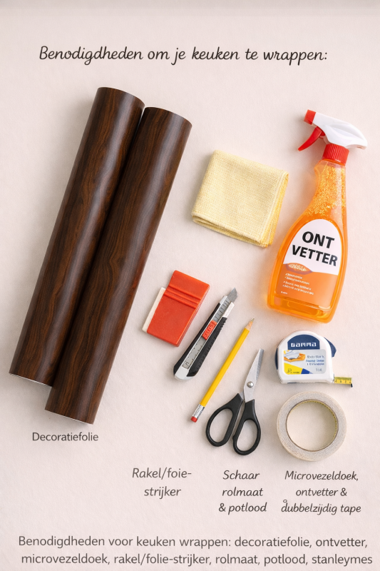 Benodigdheden voor keuken wrappen: twee rollen houtlook folie, ontvetter, microvezeldoek, rakel, stanleymes, potlood, schaar, rolmaat en tape