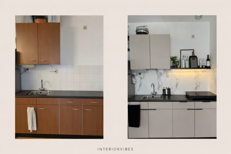 Voor en na keuken wrappen: oude bruine keuken tegenover de vernieuwde keuken met strak gewrapte kastjes en een frissere uitstraling.