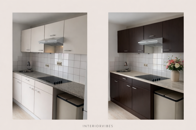 Voor en na foto van een keuken gewrapt met folie, met zichtbaar verschil tussen de oude kastfronten en de vernieuwde look.