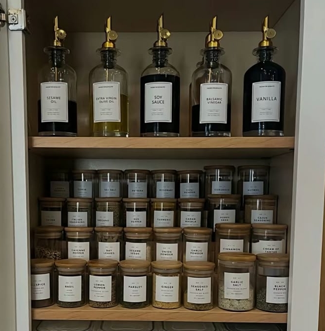 Glazen kruidenpotjes met houten deksel in een kastje, gerangschikt