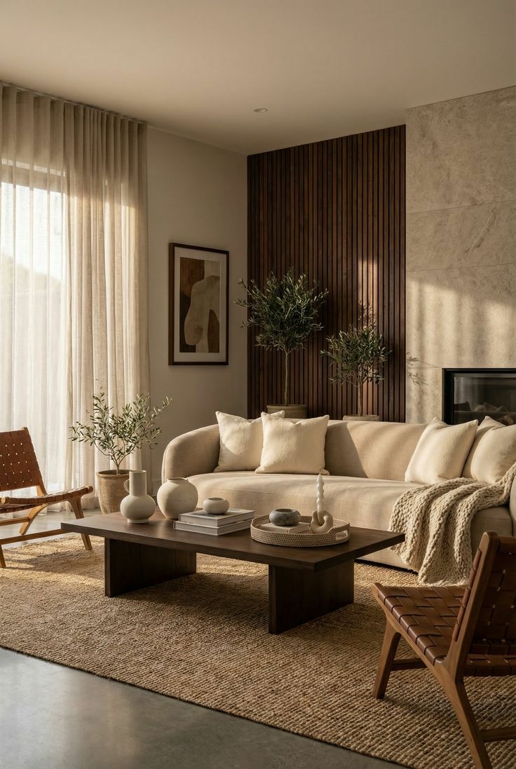 Woonkamer met lichte beige tinten, hout en warme sfeer