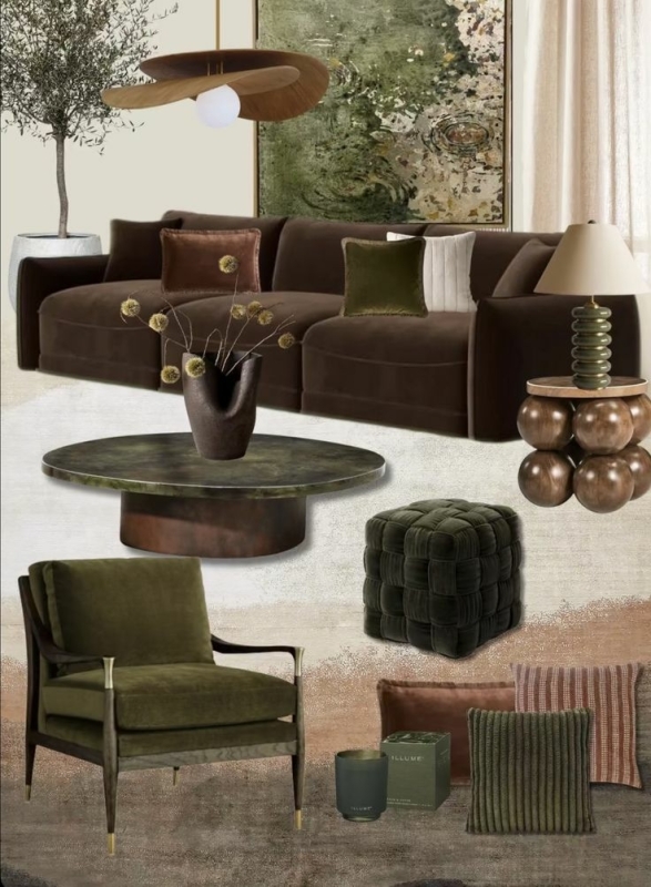 Moodboard woonkamer met donkere warme kleuren en sfeervolle inspiratie