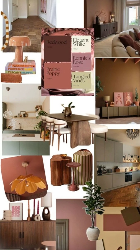moodboard woonkamer met terracotta, roze en warme aardetinten interieur inspiratie