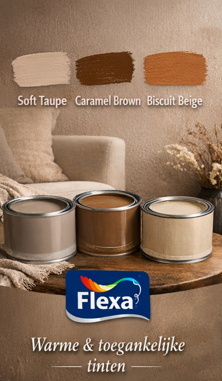 Flexa verfkleurenkaart met bruintinten Soft Taupe, Caramel Brown en Biscuit Beige, met verfpotten op een warme bruine achtergrond.