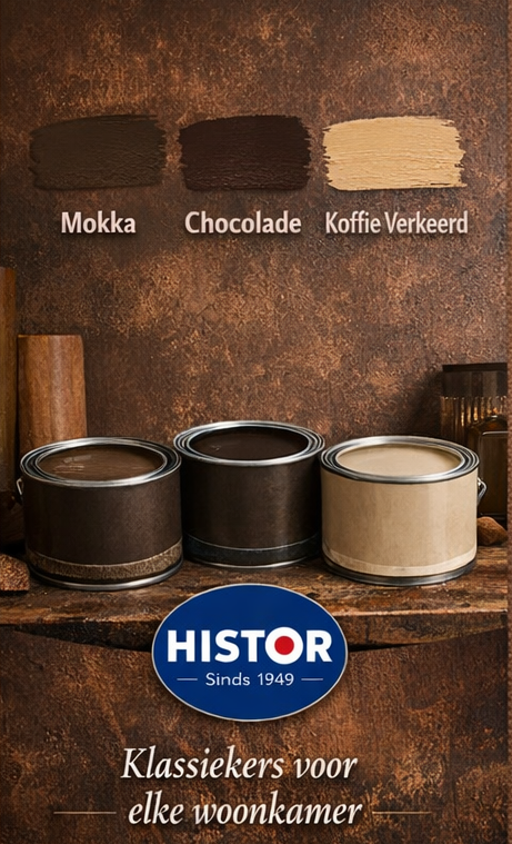 Histor verfkleurenkaart met bruintinten Mokka, Chocolade en Koffie Verkeerd, met verfpotten