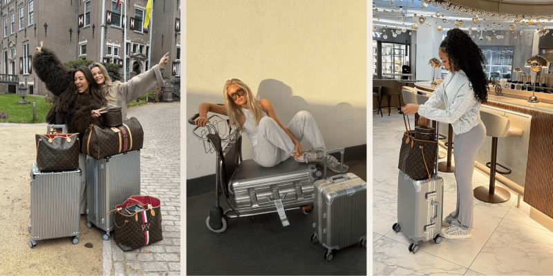 Influencers met Zilveren aluminium kofferset in Rimowa-look met luxe, minimalistische uitstraling