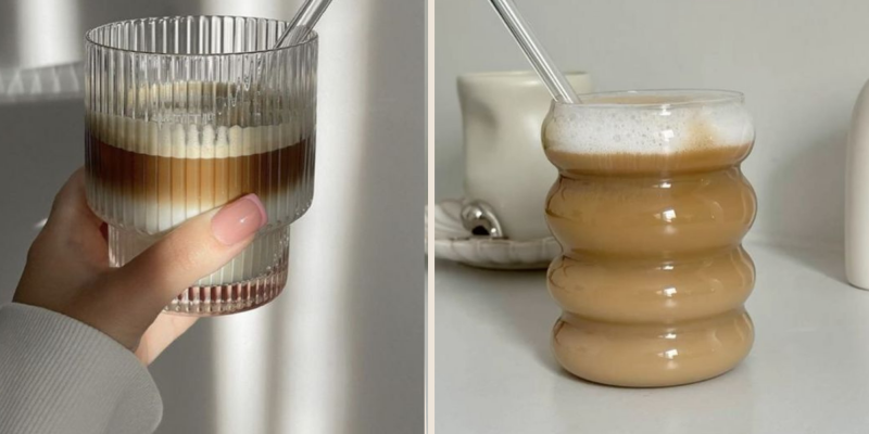 Organische koffieglazen in beige koffiecorner, geschikt voor matcha latte en iced coffee