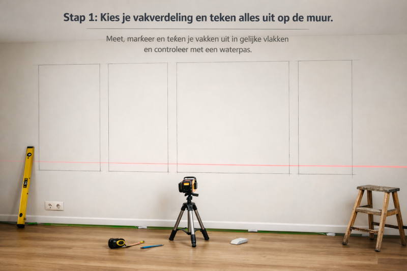 Sierlijsten muur DIY: vakken aftekenen op de muur met rolmaat en waterpas