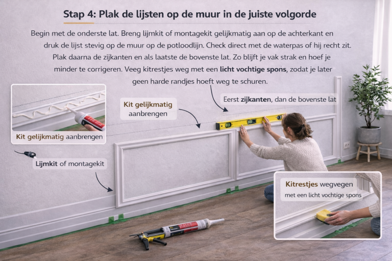 Sierlijsten op de muur aanbrengen met lijmkit of montagekit en direct controleren met waterpas