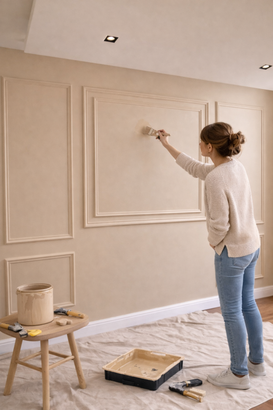 Sierlijsten op de muur verven in warm beige voor een moderne paneelmuur